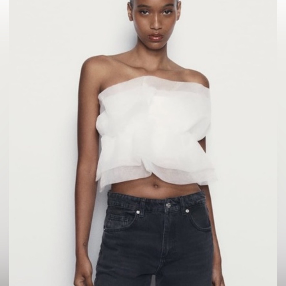 NWT White Zara Strapless Tulle Top
